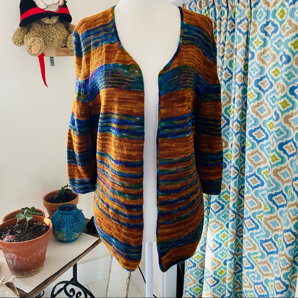 Hand knit open front striped cardigan (size S)